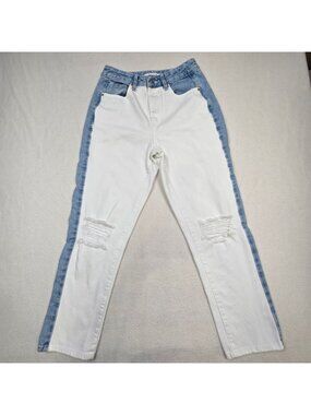 PacSun Womens 26 Mom Jeans White & Denim Distressed Colorblock High Rise Pants